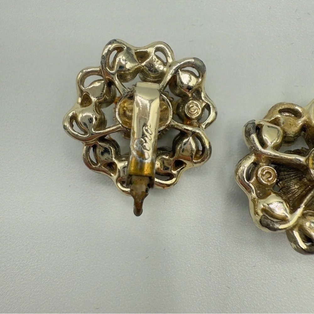 Vintage 1950s Coro Signed AB Floral Crystal Rhinestone Clip On Earrings